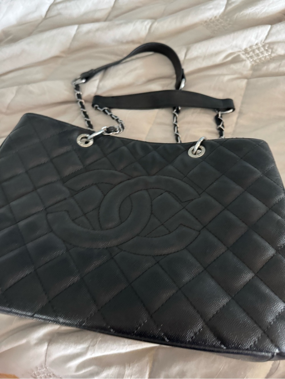 Chanel-ish Quilted Black Leather Tote Bag